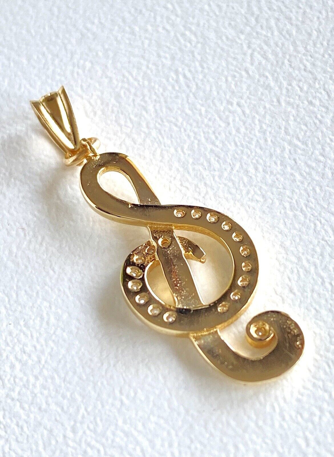 Solid 14K Yellow Gold & Cubic Zirconia "G" Clef Musical Symbol Pendant, New 1.3"