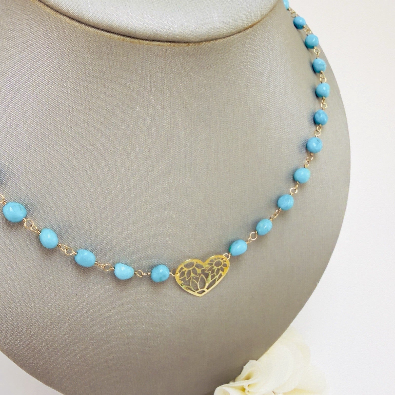 14k Sleeping Beauty Turquoise with Pierce-Work Heart Pendant Necklace, 18.25"