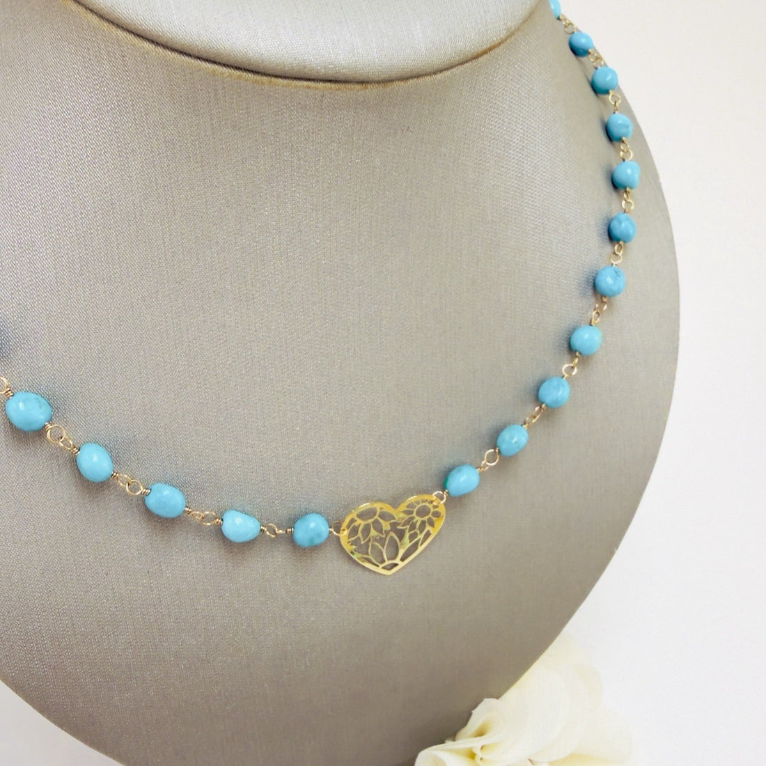 14k Sleeping Beauty Turquoise with Pierce-Work Heart Pendant Necklace, 18.25"