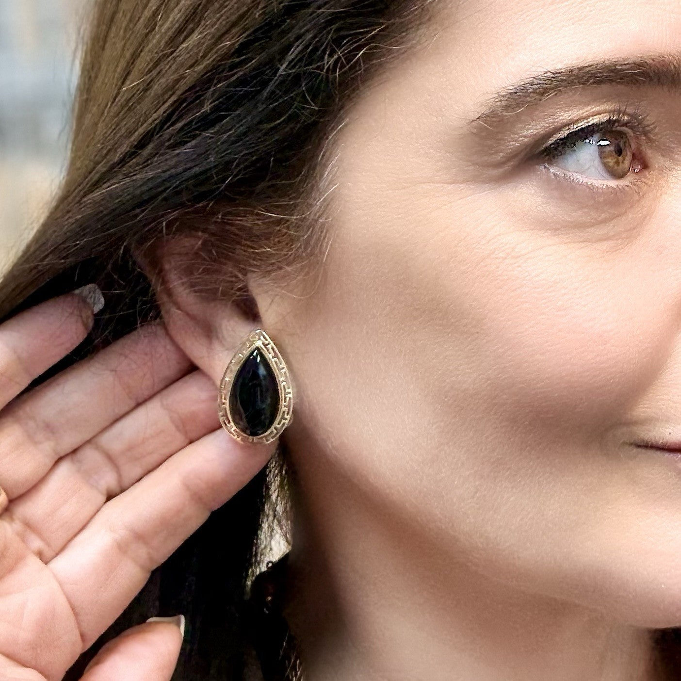 14k Yellow Gold Black Onyx Omega Back Earrings, Preowned