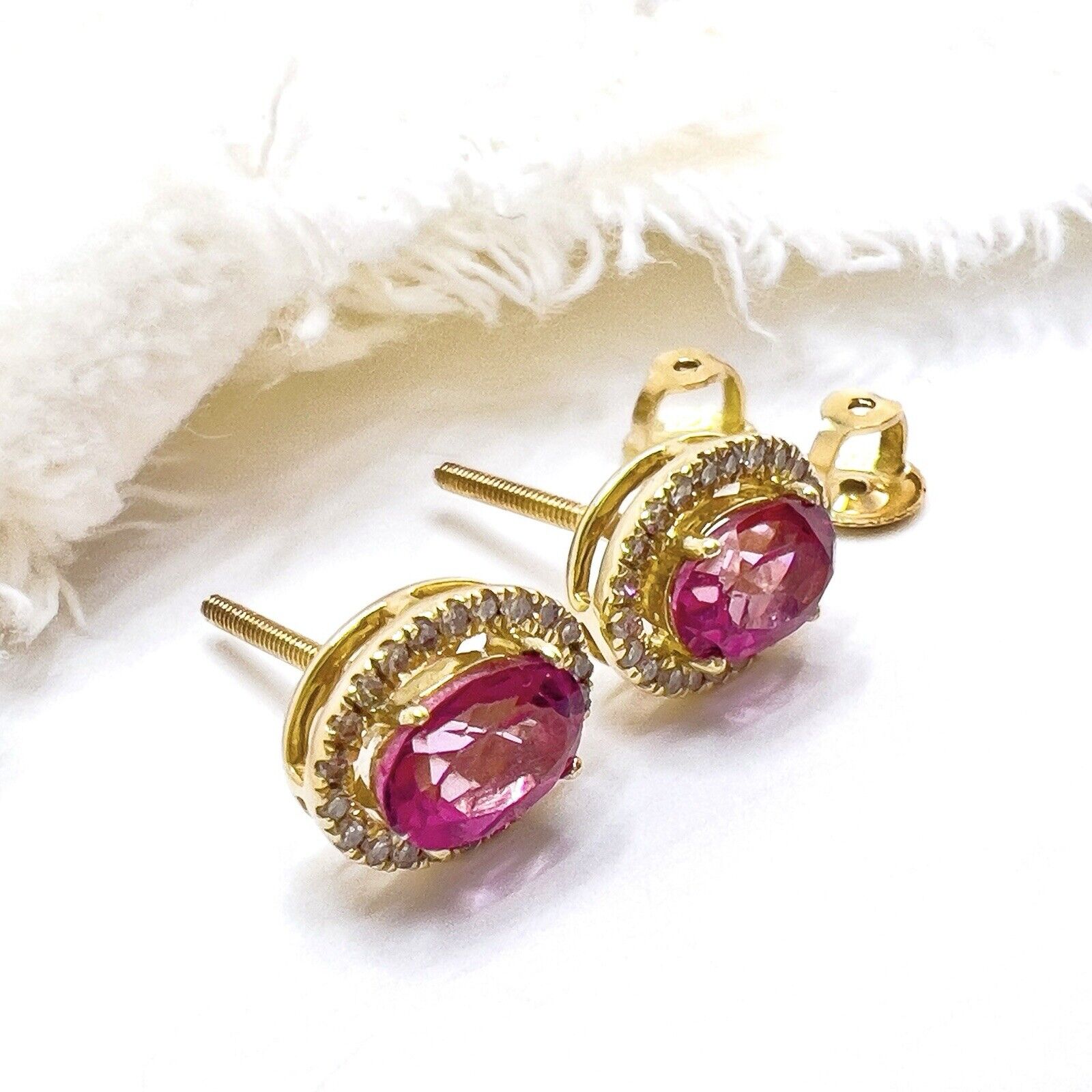 10k Yellow Gold Genuine Pink Topaz & Diamond Halo Stud Earrings, New
