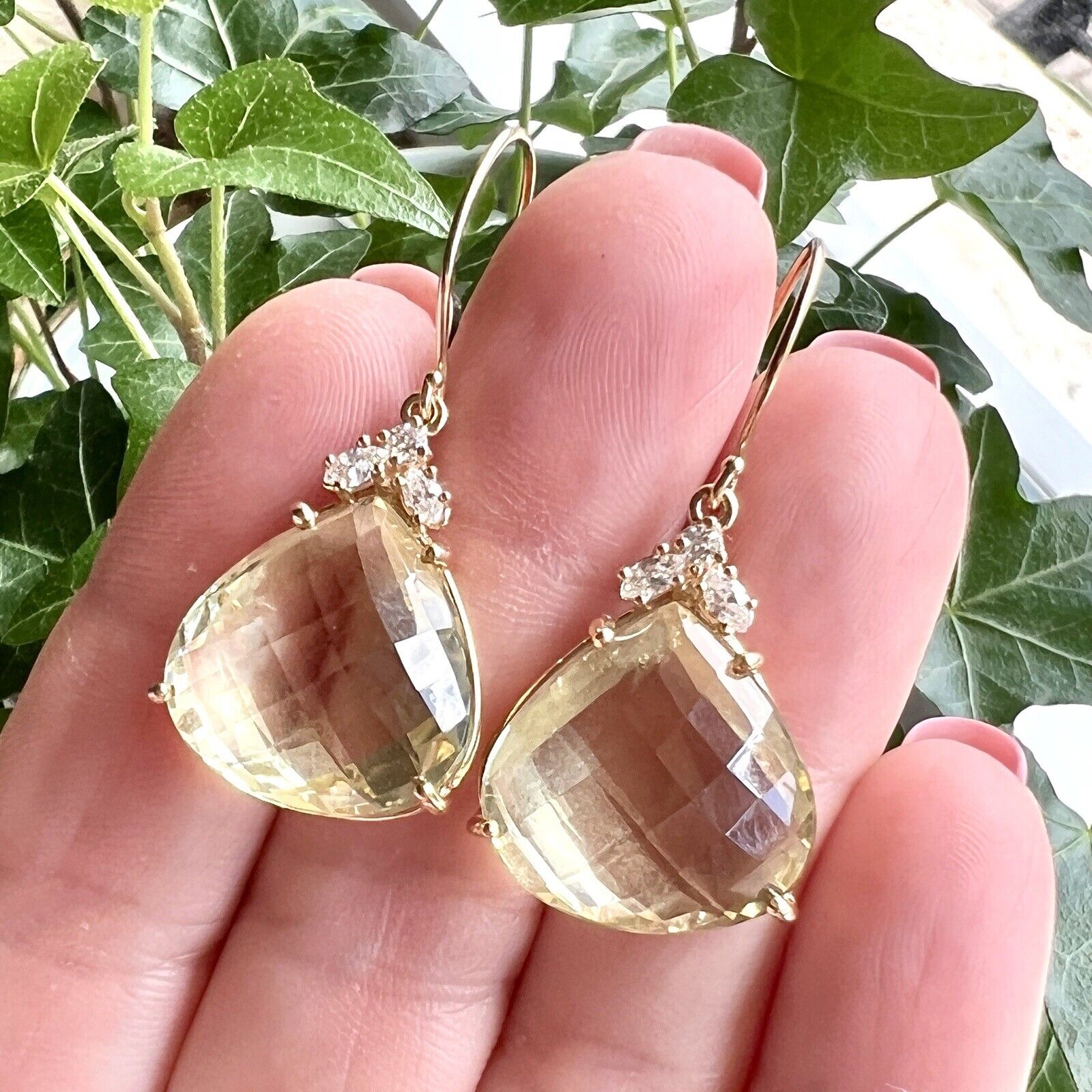 Solid 14k Yellow Gold Genuine Lemon Citrine (27ct) & Diamond Dangle Earrings