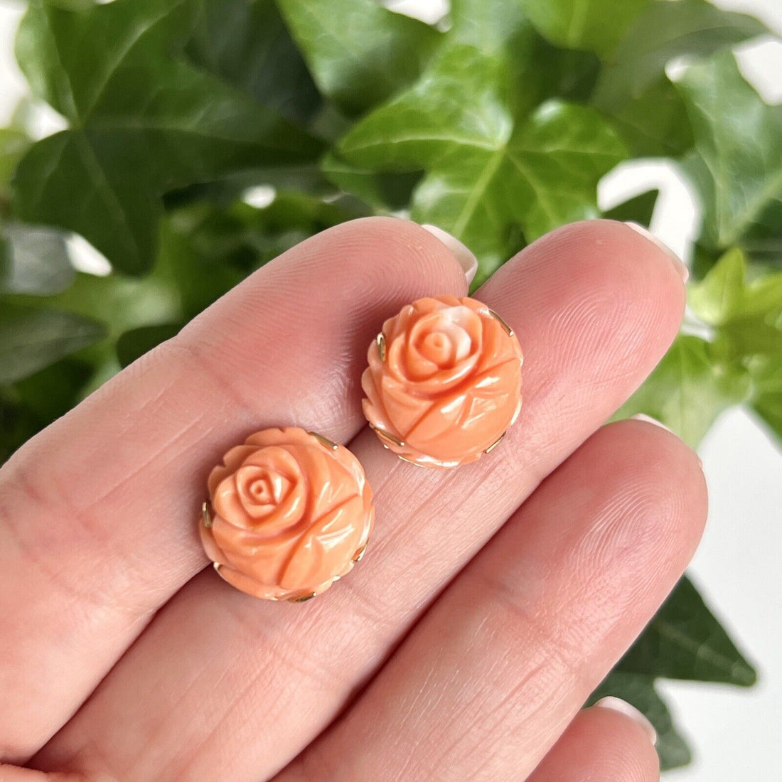 Vintage No-Dye Japanese Carved Coral Rose (14Ct) and 14K Gold Stud Earrings, New