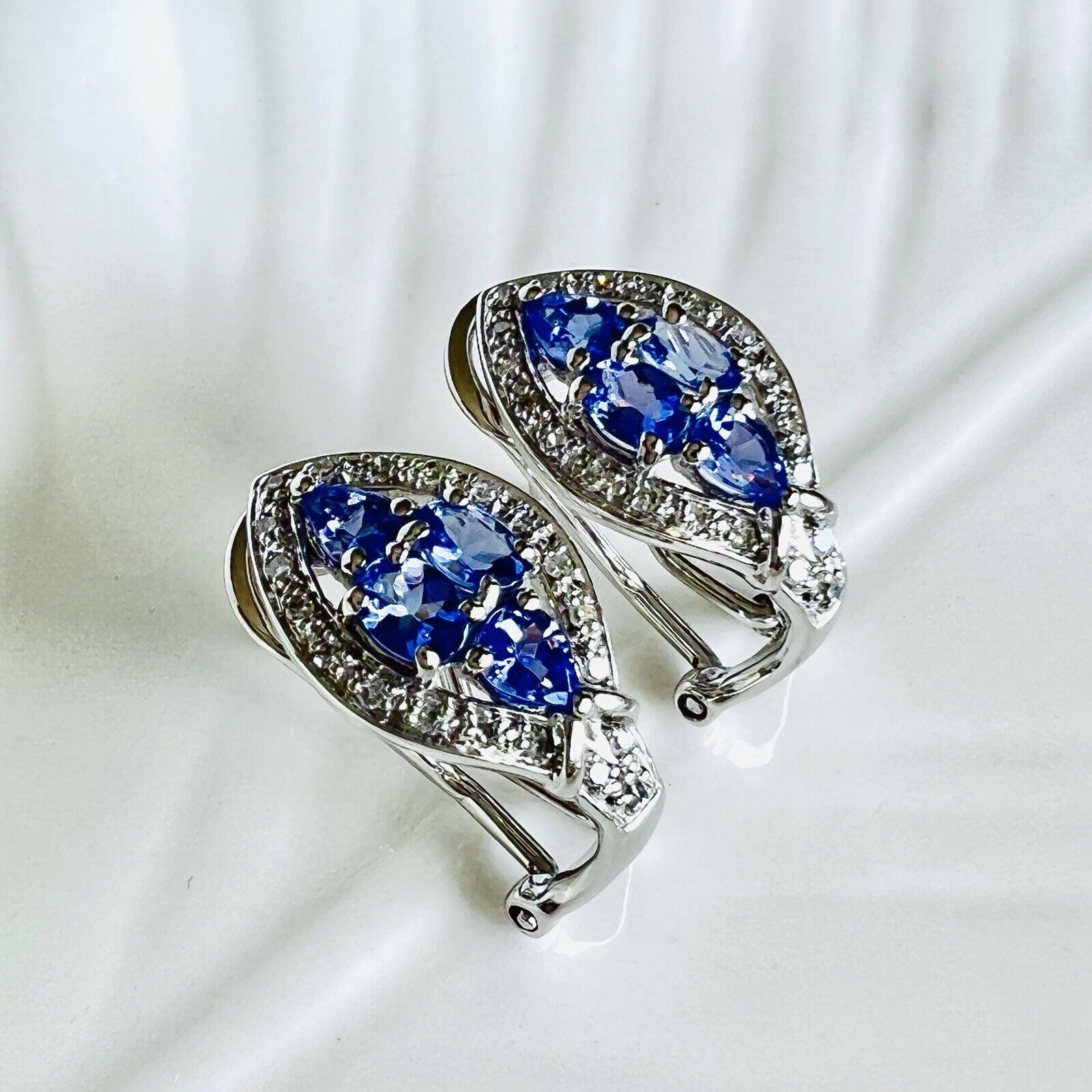 Solid 14k White Gold Genuine Tanzanite & Diamond Post/Omega Clip Earrings, New