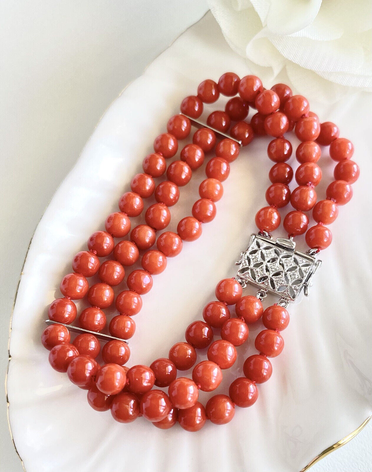 Natural Mediterranean Red Coral 14K White Gold & Diamonds Bracelet, 7"