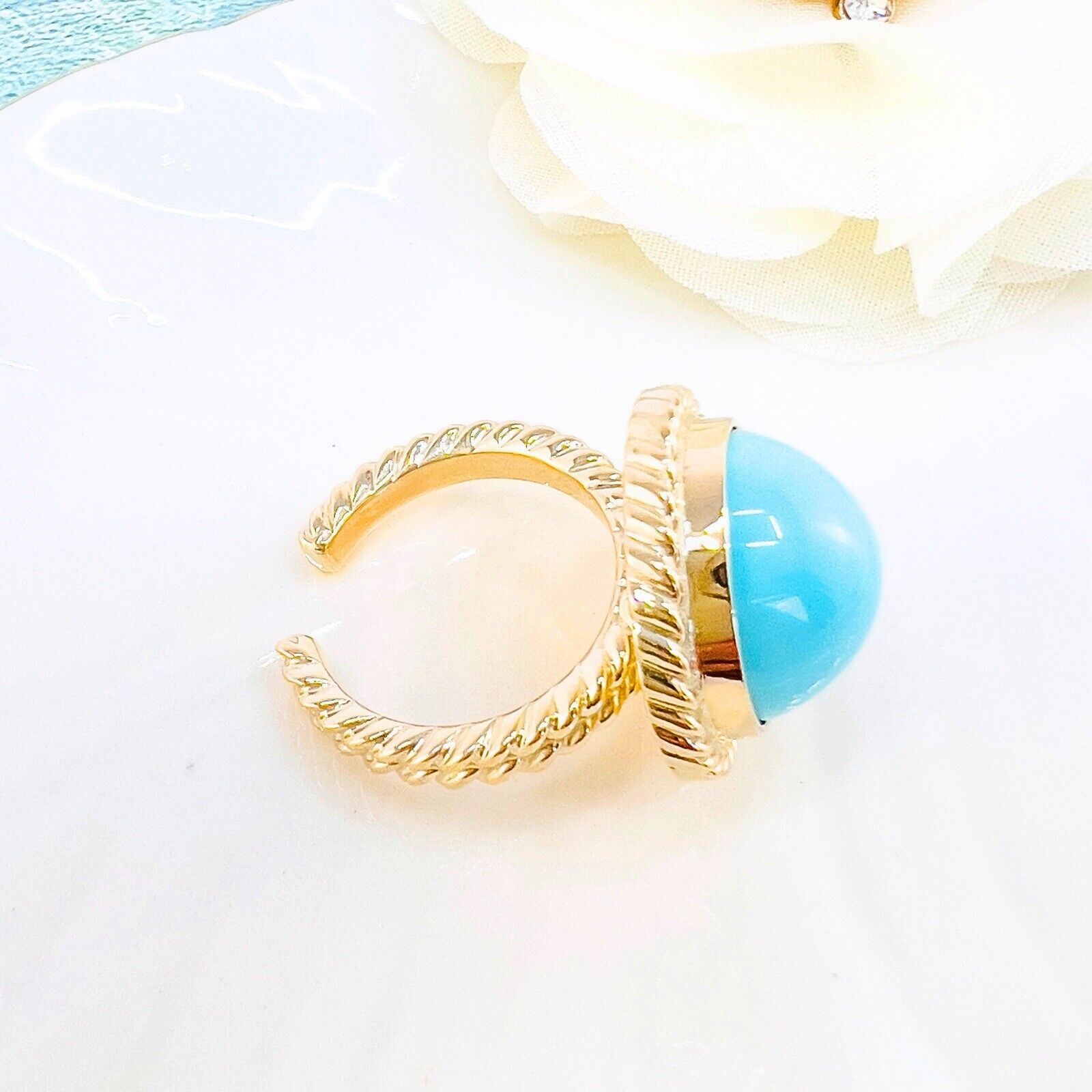 14k Yellow Gold Persian Turquoise (15mm) Handcrafted Ring, New, Size 6.75