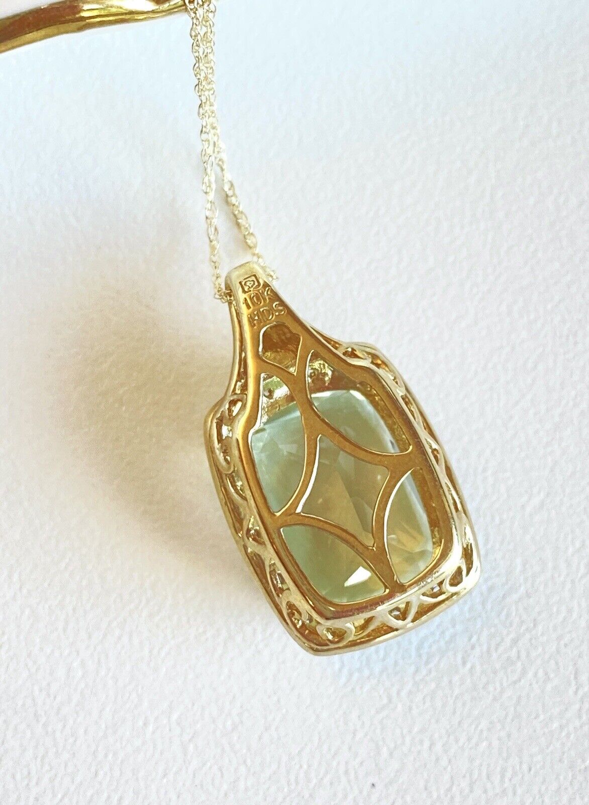 Genuine Prasiolite & White Topaz Solid 10k Yellow Gold Pendant/Necklace, New 18"