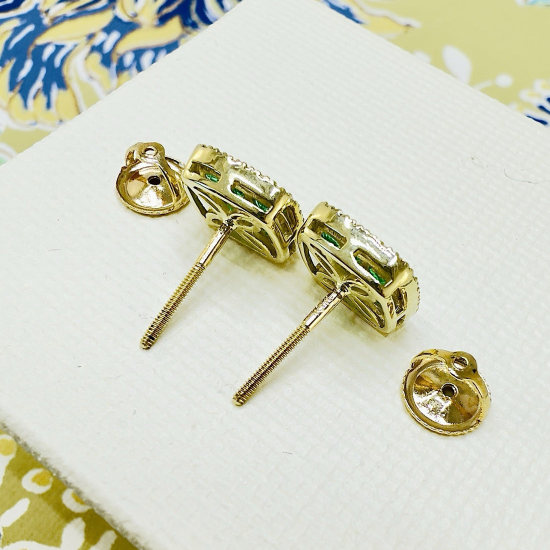 10K Yellow Gold Genuine Emerald & Diamond Stud Screw-Back Earrings, New