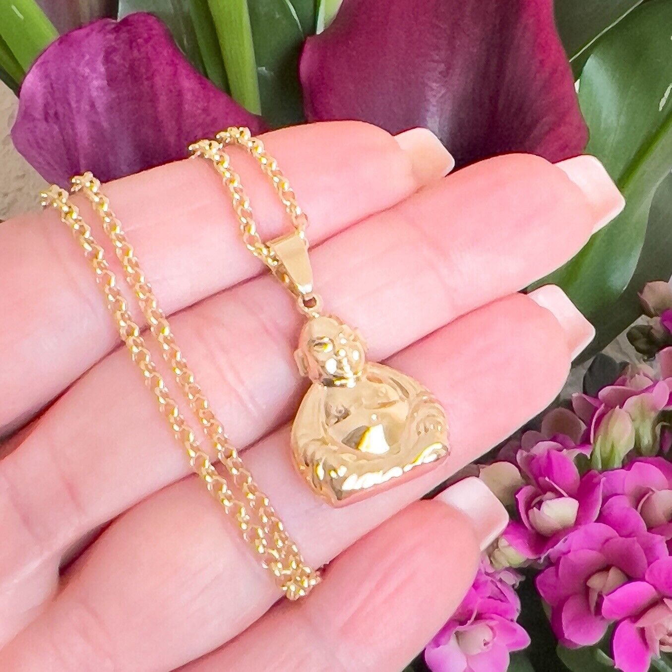 14k Yellow Gold Puffy 3-D Buddha Pendant, New, 1.20"