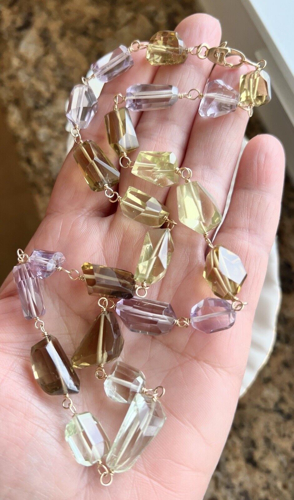 Solid 14k Yellow Gold Multi-Color Quartz Nugget Station Necklace 20" New