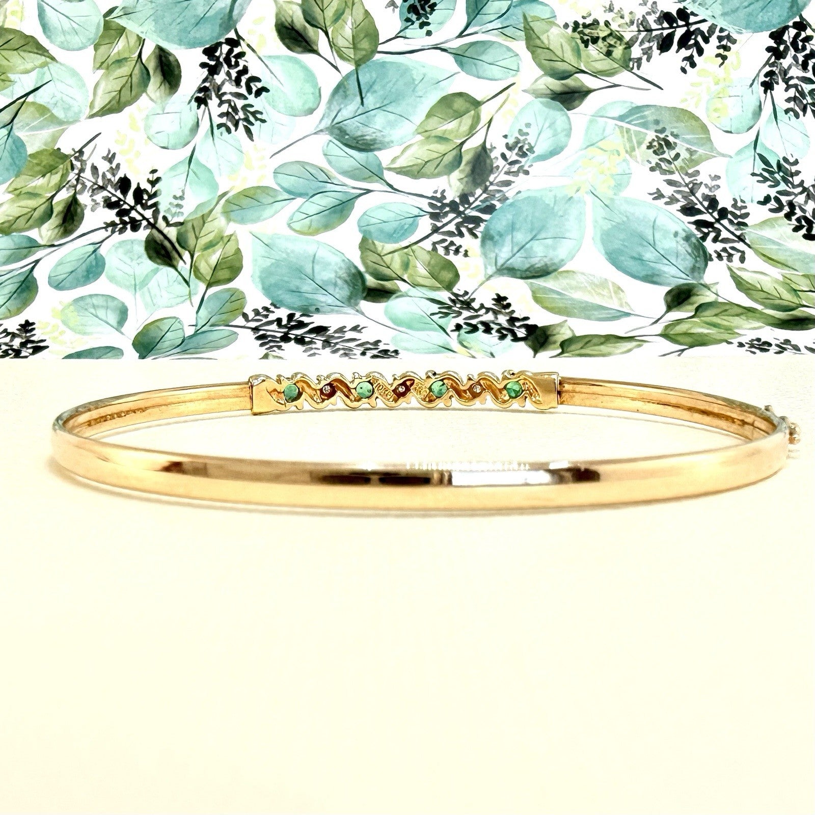 10k Yellow Gold Genuine Emerald & Diamond Bangle Bracelet, Preowned