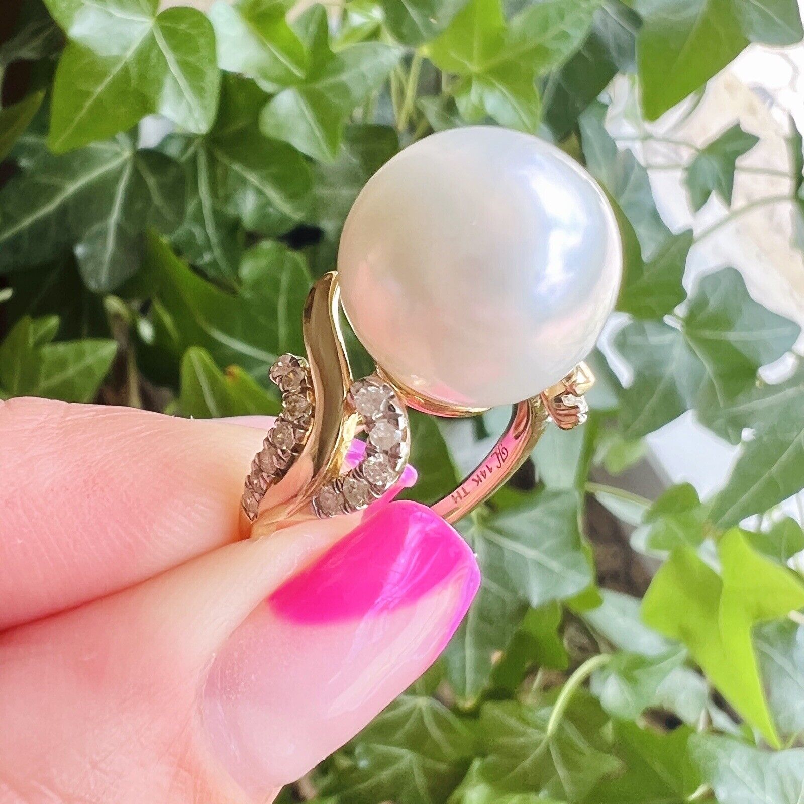 Solid 14k Yellow Gold Genuine 13.3mm Pearl & Diamond Ring, Size 7 New