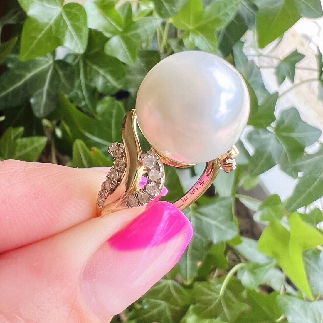 Solid 14k Yellow Gold Genuine 13.3mm Pearl & Diamond Ring, Size 7 New