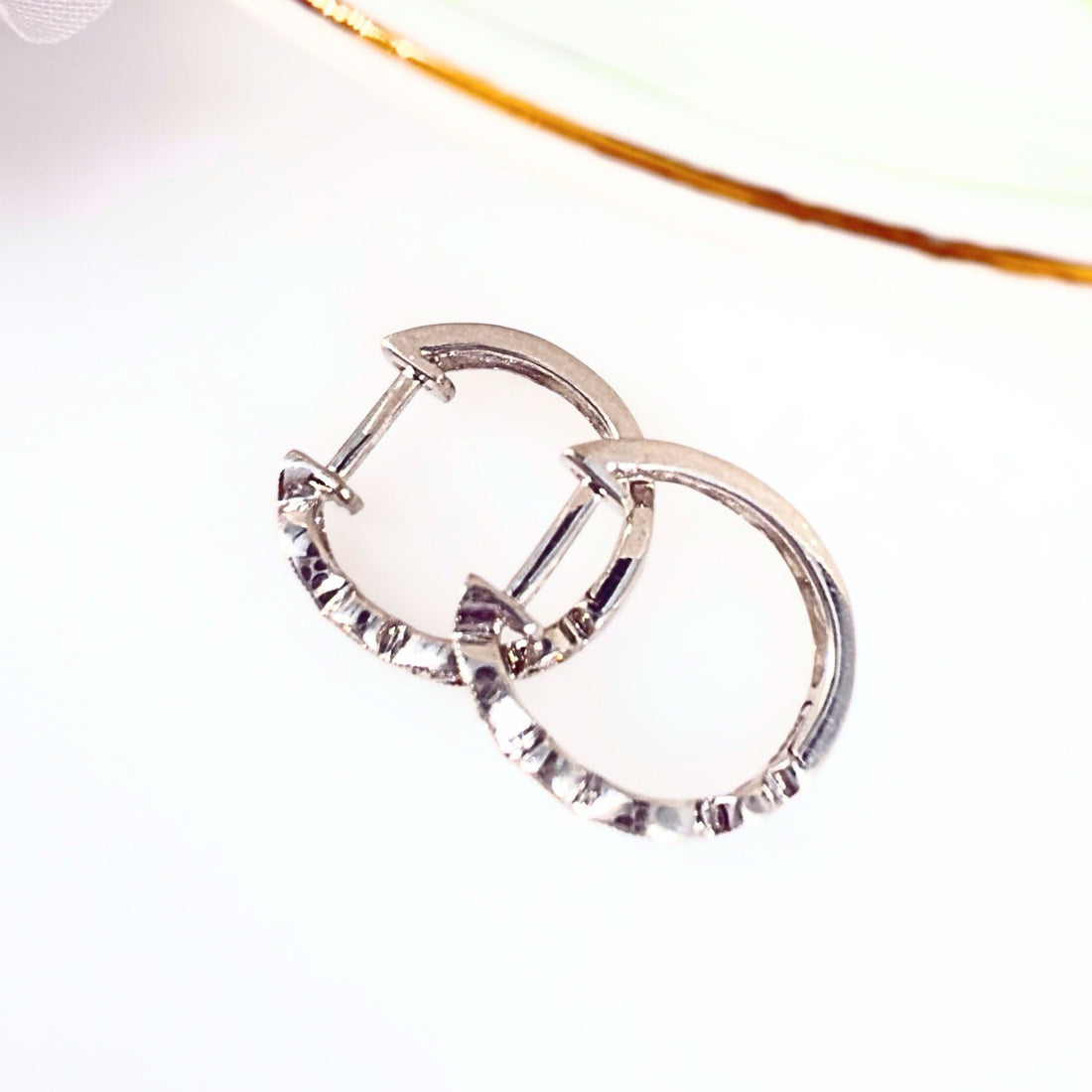 14k White Gold Genuine Diamond Huggie Hoop Earrings, New