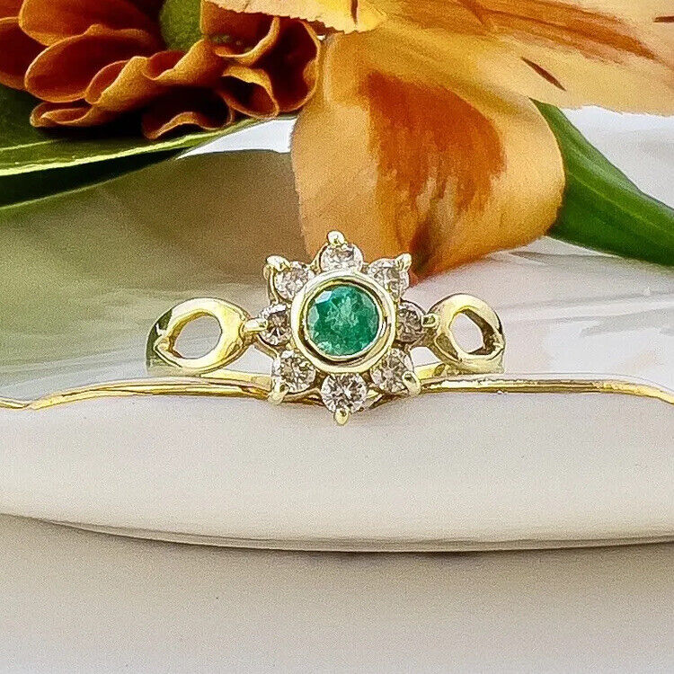 Solid 14k Yellow Gold Genuine Colombian Emerald & Diamond Rosette Ring, New Size