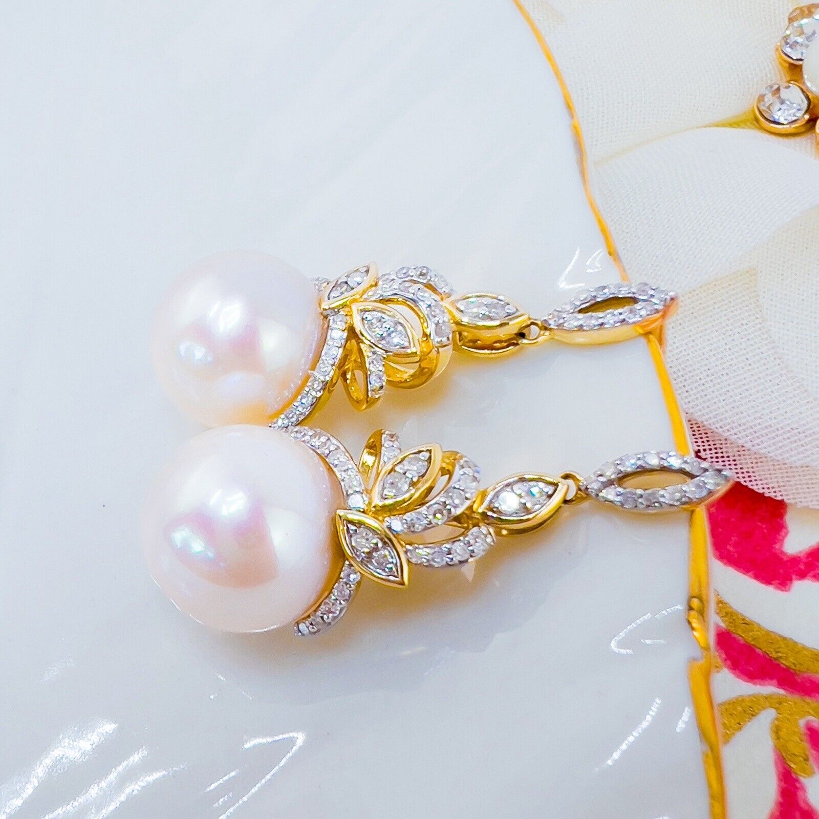 Genuine White Pearl (11.25mm) & Diamond 14k Yellow Gold Dangle Earrings, New