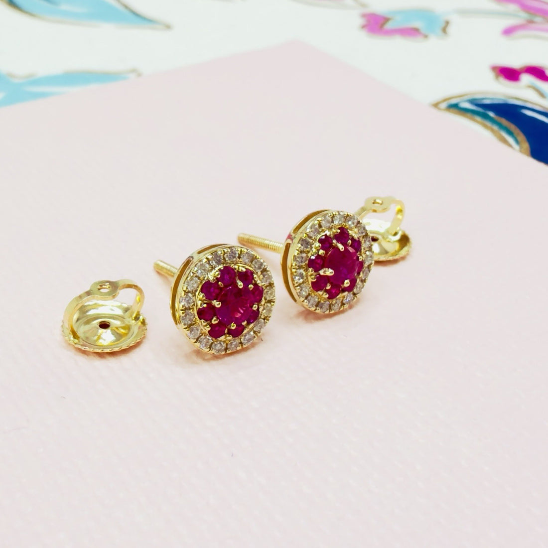 14k Yellow Gold Genuine Ruby & Diamond Halo Stud Screw-Back Earrings, New