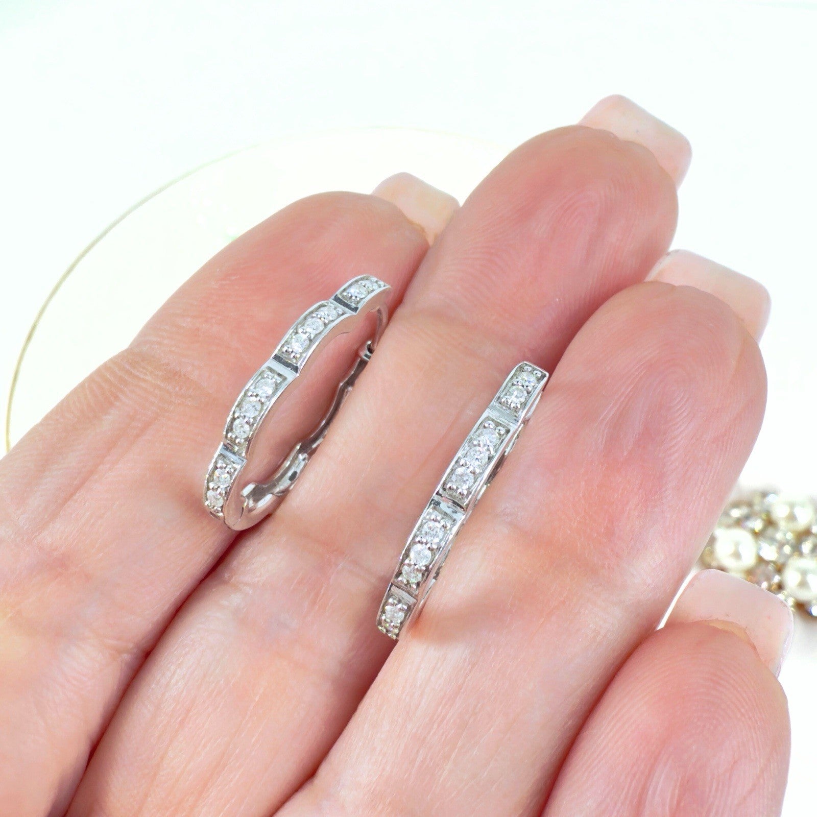 14K White Gold & Genuine Diamond Scalloped Oval Hoop Earrings, New