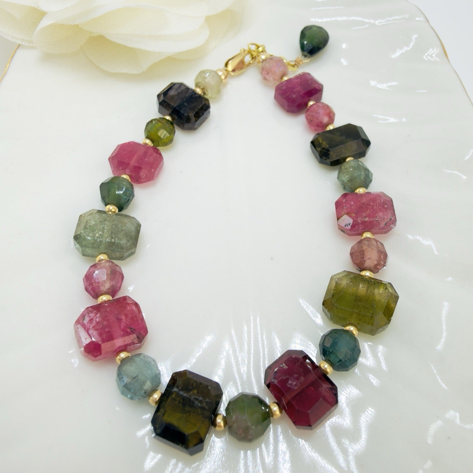 14k Yellow Gold Genuine Multi-Color Tourmaline Bracelet, 6.5-7"