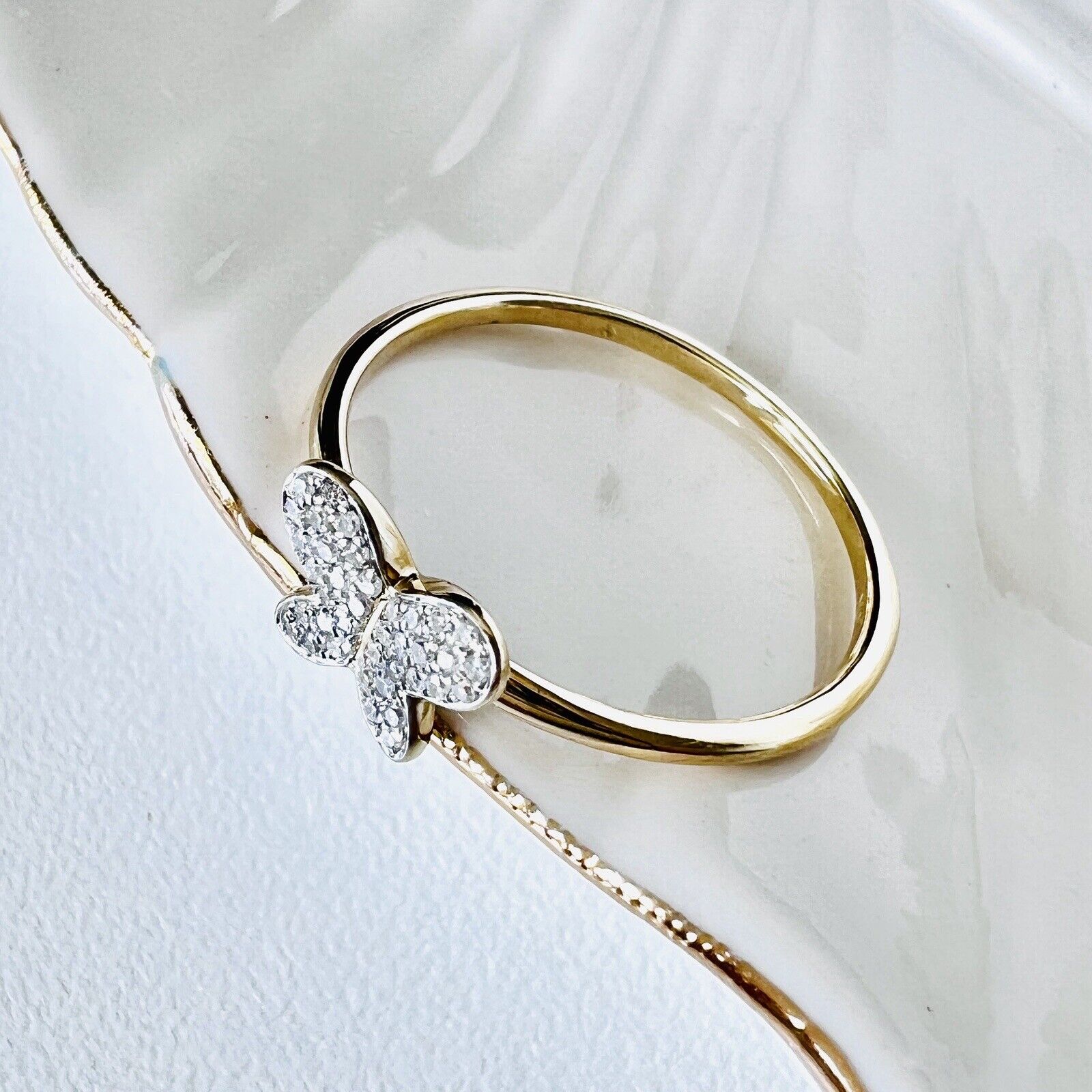 Solid 10k Yellow Gold Genuine Diamond Pave Butterfly Ring, Size 7