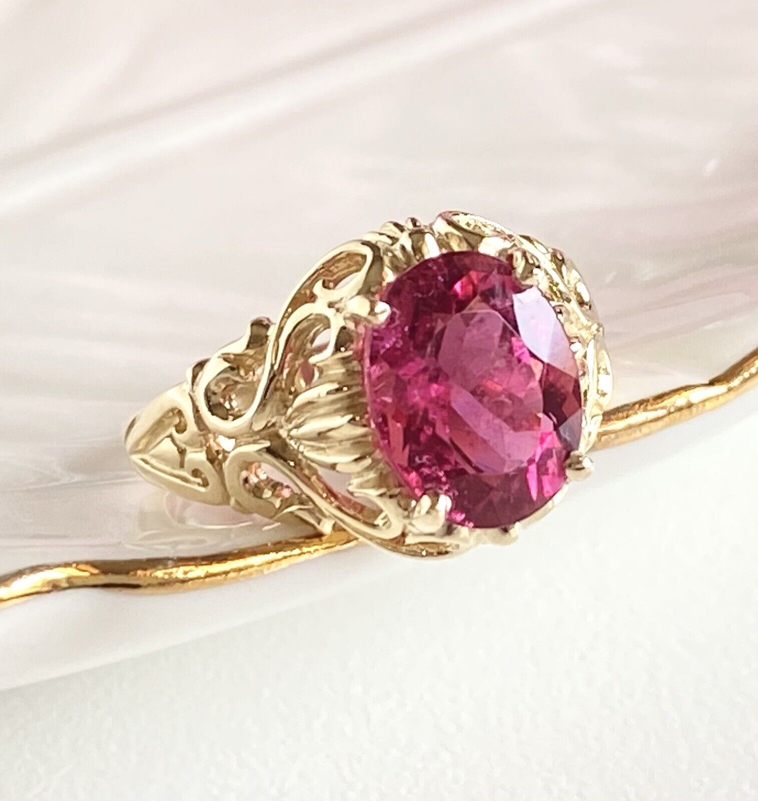 Genuine Pink Tourmaline & Solid 14k Yellow Gold Ring, New, Sz. 5.25