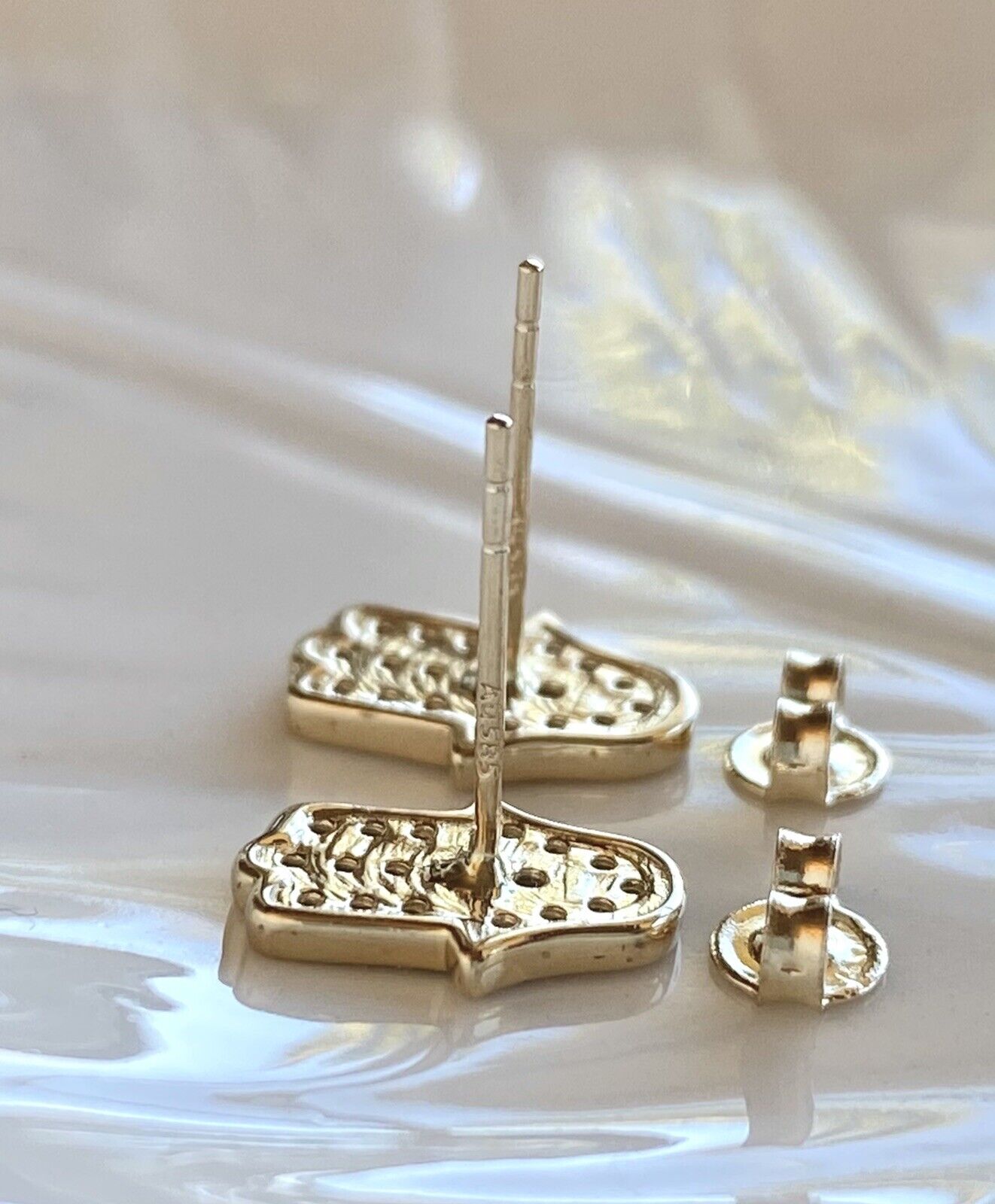 Solid 14K Yellow Gold & Cubic Zirconia Hamsa Hand Stud Earrings, New