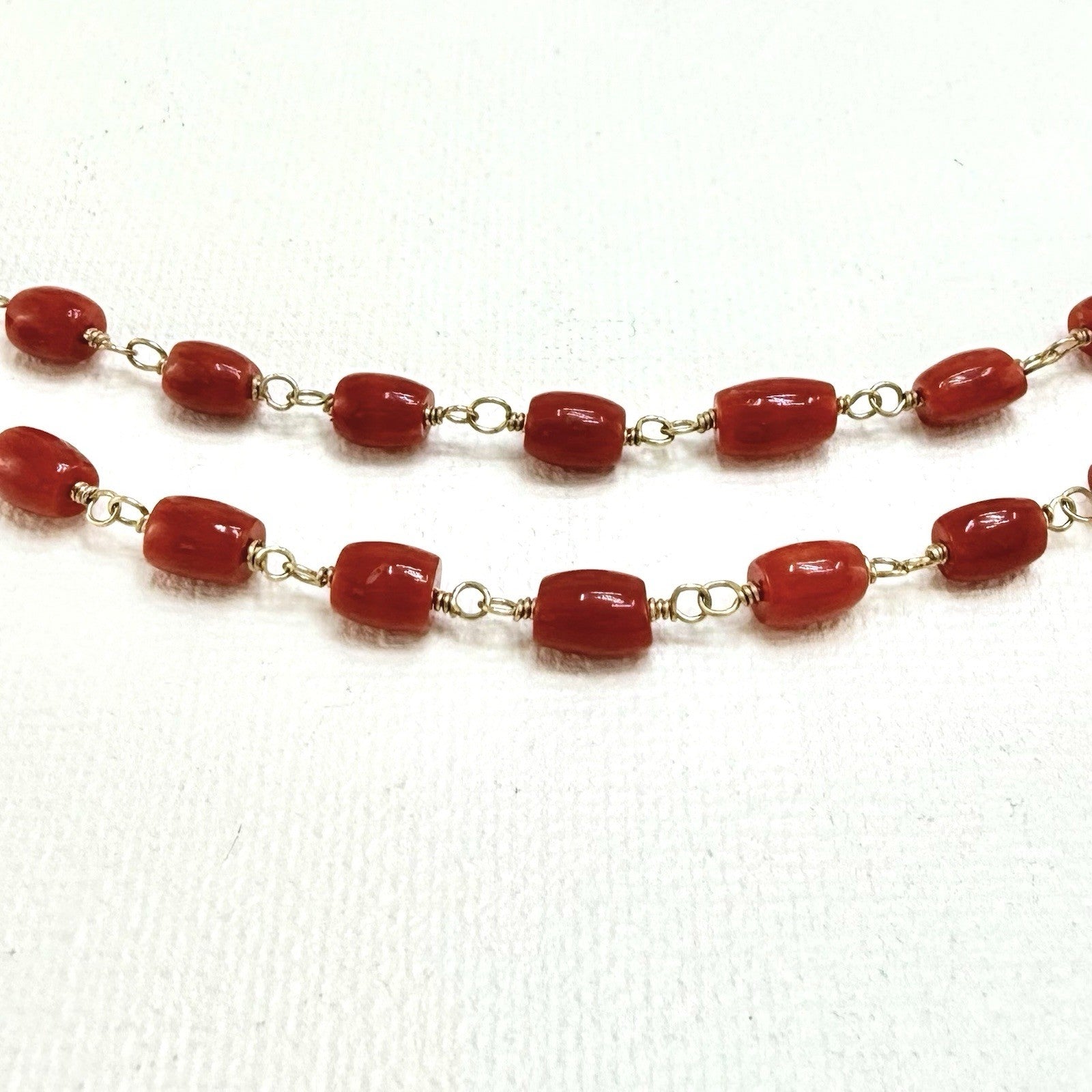 14k Yellow Gold Mediterranean Red Coral Handcrafted Necklace, 18.25-19.75"