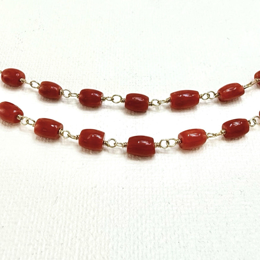 14k Yellow Gold Mediterranean Red Coral Handcrafted Necklace, 18.25-19.75"