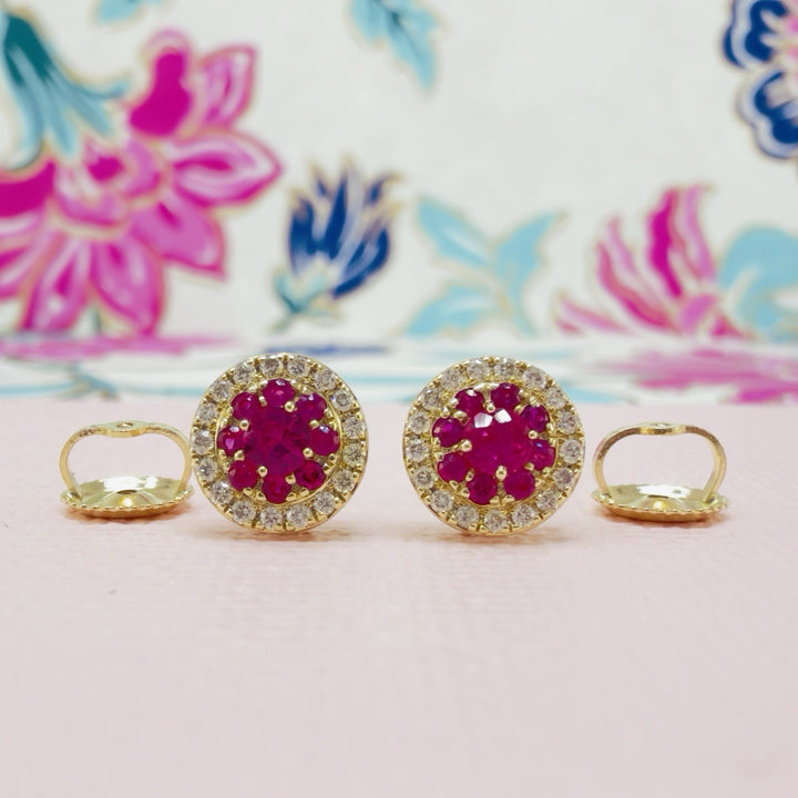 14k Yellow Gold Genuine Ruby & Diamond Halo Stud Screw-Back Earrings, New