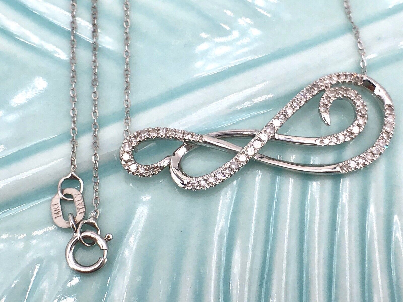 Gorgeous 14k White Gold & Diamond Swirl Design Necklace Chain, 17", New