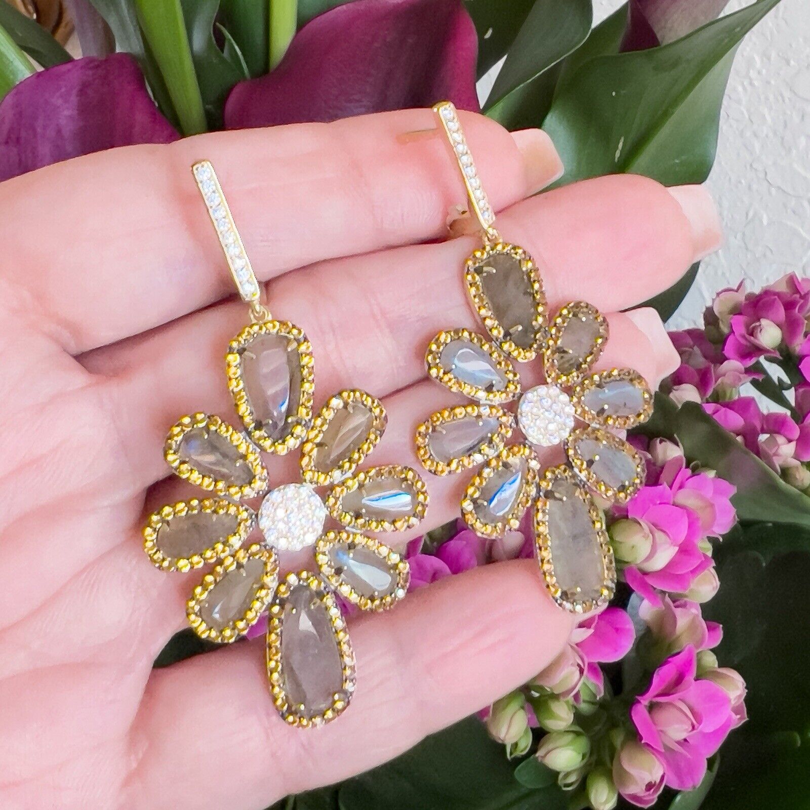 Genuine Labradorite Citrine & Cz Sterling Silver Vermeil Statement Earrings, New