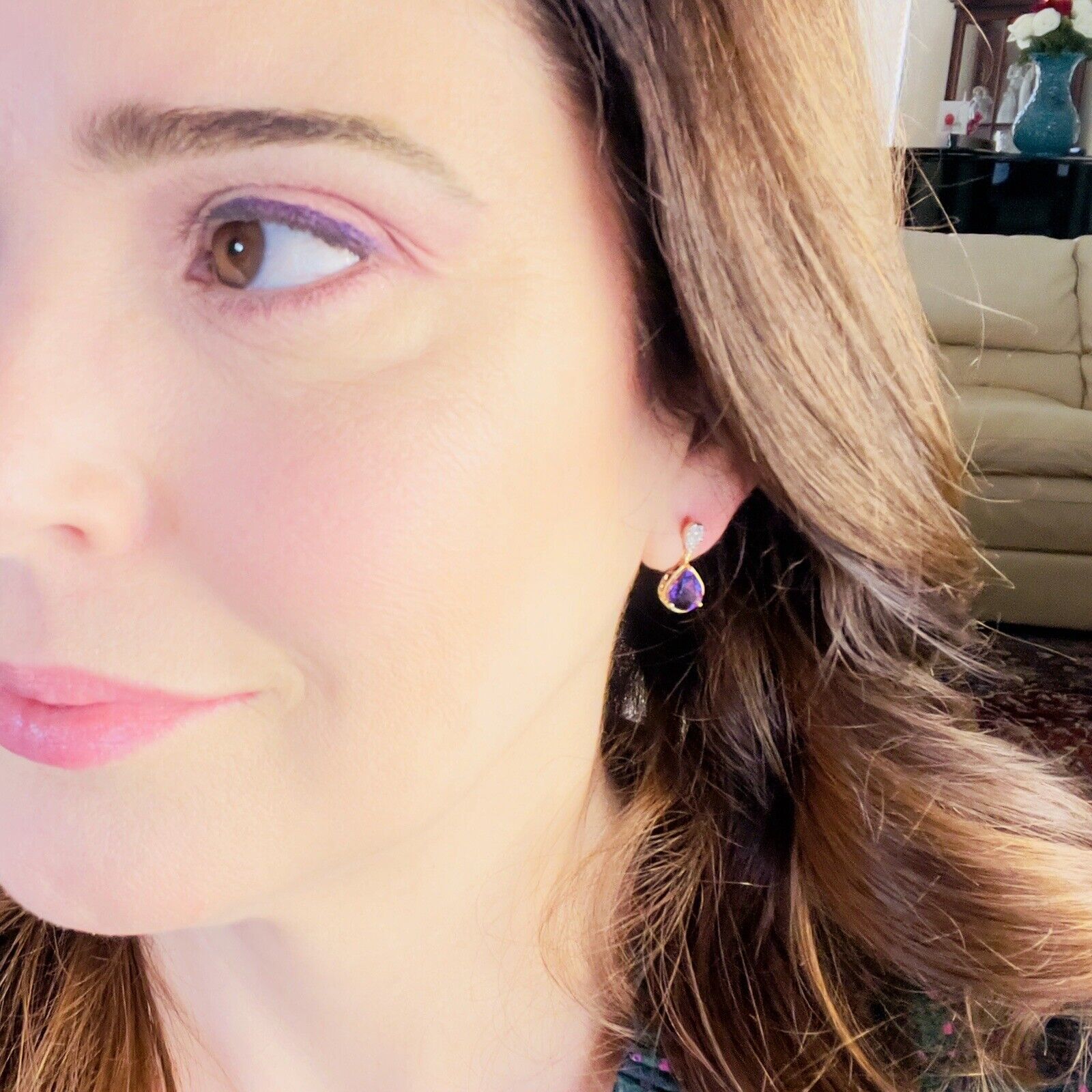 Genuine Amethyst & Diamond Solid 10k Yellow Gold Dangle/Drop Earrings