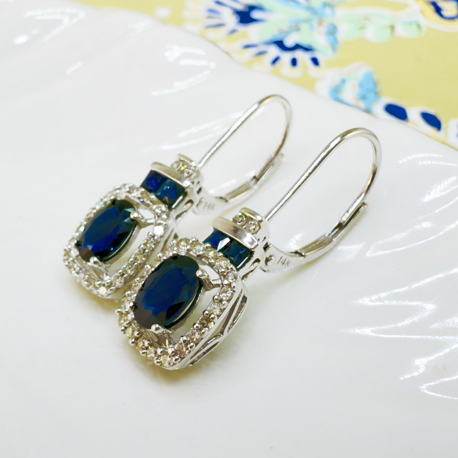 14k White Gold Genuine Sapphire & Diamond Leverback Dangle/Drop Earrings, New 1"