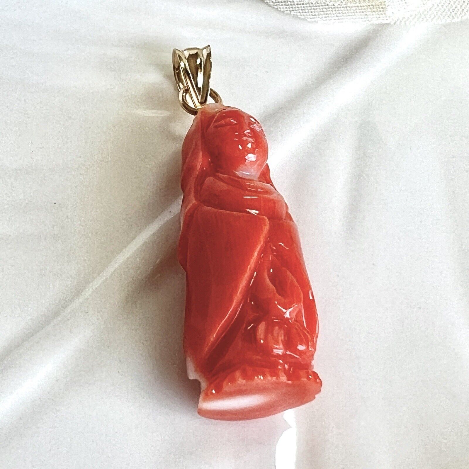 Natural Dark Salmon Guanyin (13.6ct) Solid 14k Yellow Gold Pedant, New