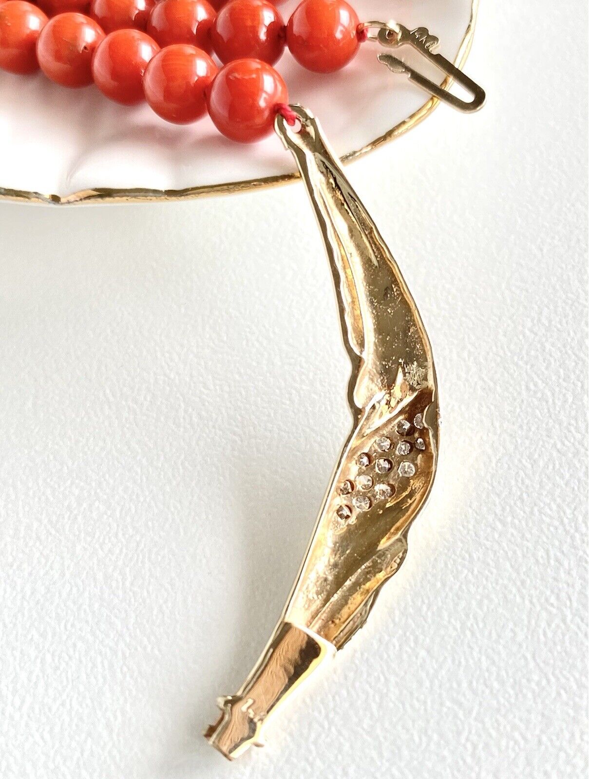 Mediterranean Red Coral Solid 14k Yellow Gold & Diamonds Necklace, New, 18"