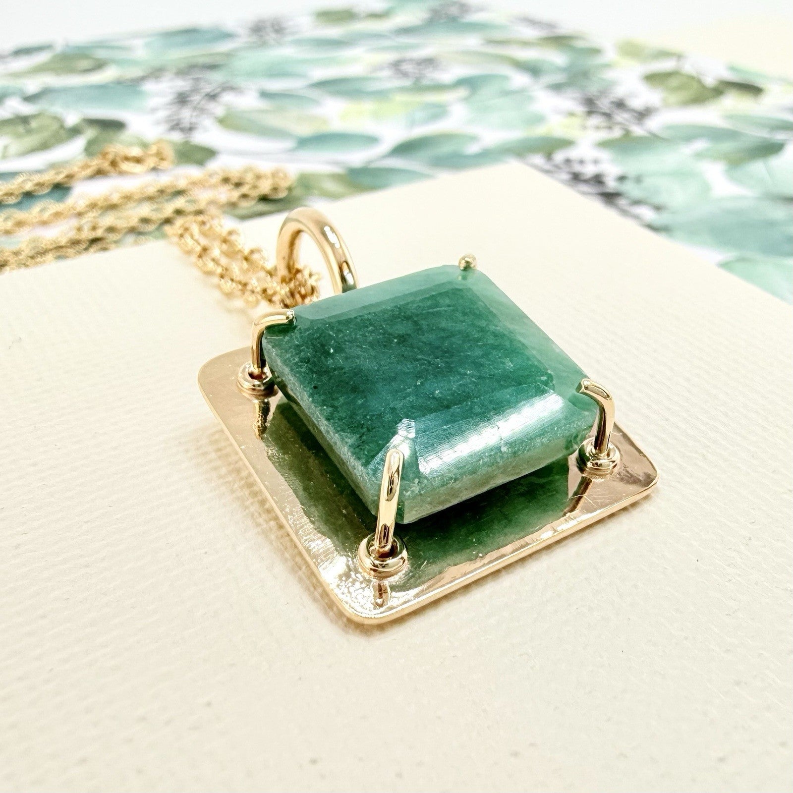14k Yellow Gold Genuine Emerald Modernist Unisex Pendant, Newly Handcrafted