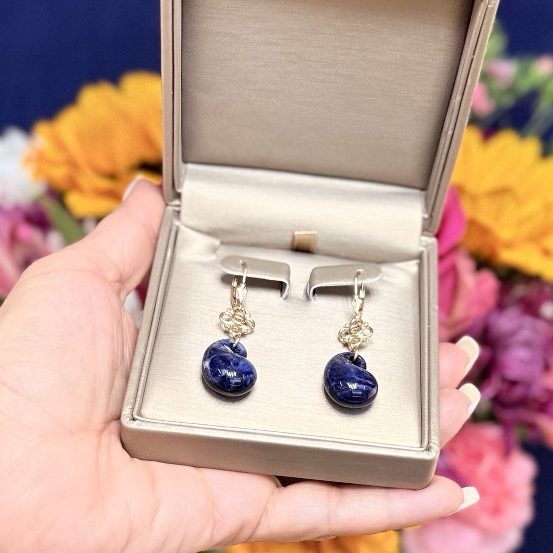 14k Yellow Gold Genuine Sodalite Drop Dangle Lever-back Earrings, New 1.87"