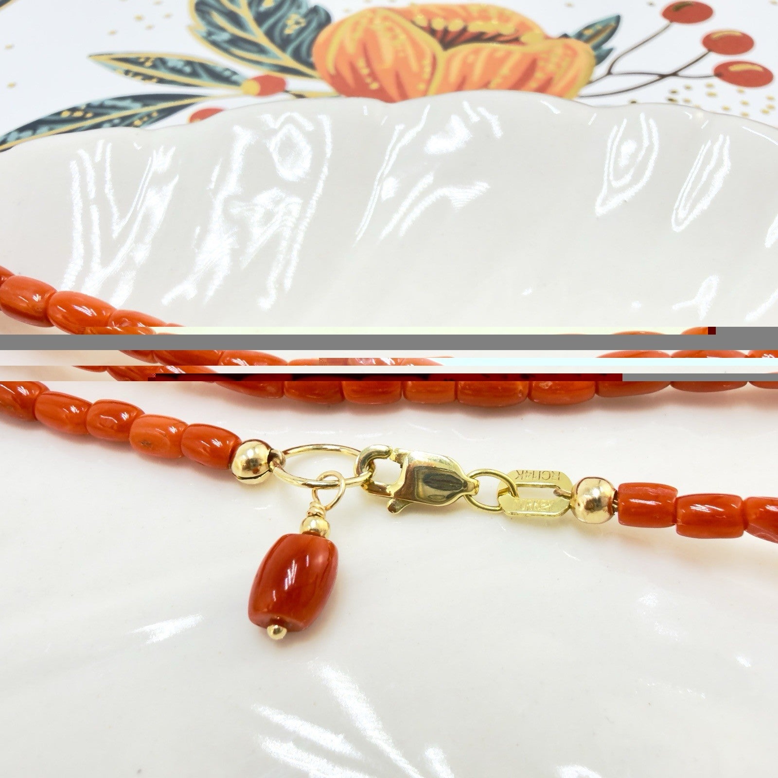 14k Yellow Gold Natural Red Coral Barrel Necklace, New 17.5"