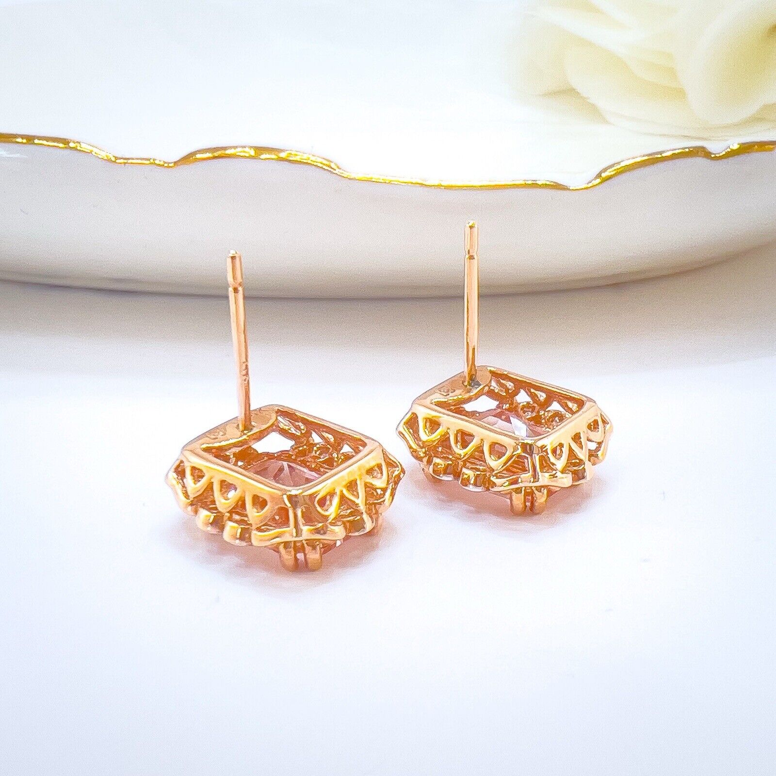 Vintage Style 14k Rose Gold Genuine Morganite & Diamond Stud Earrings, New