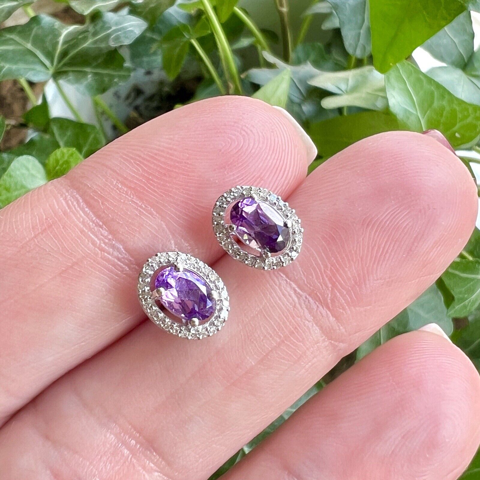 Solid 10k White Gold Genuine Amethyst & Diamond Halo Oval Stud Earrings, New