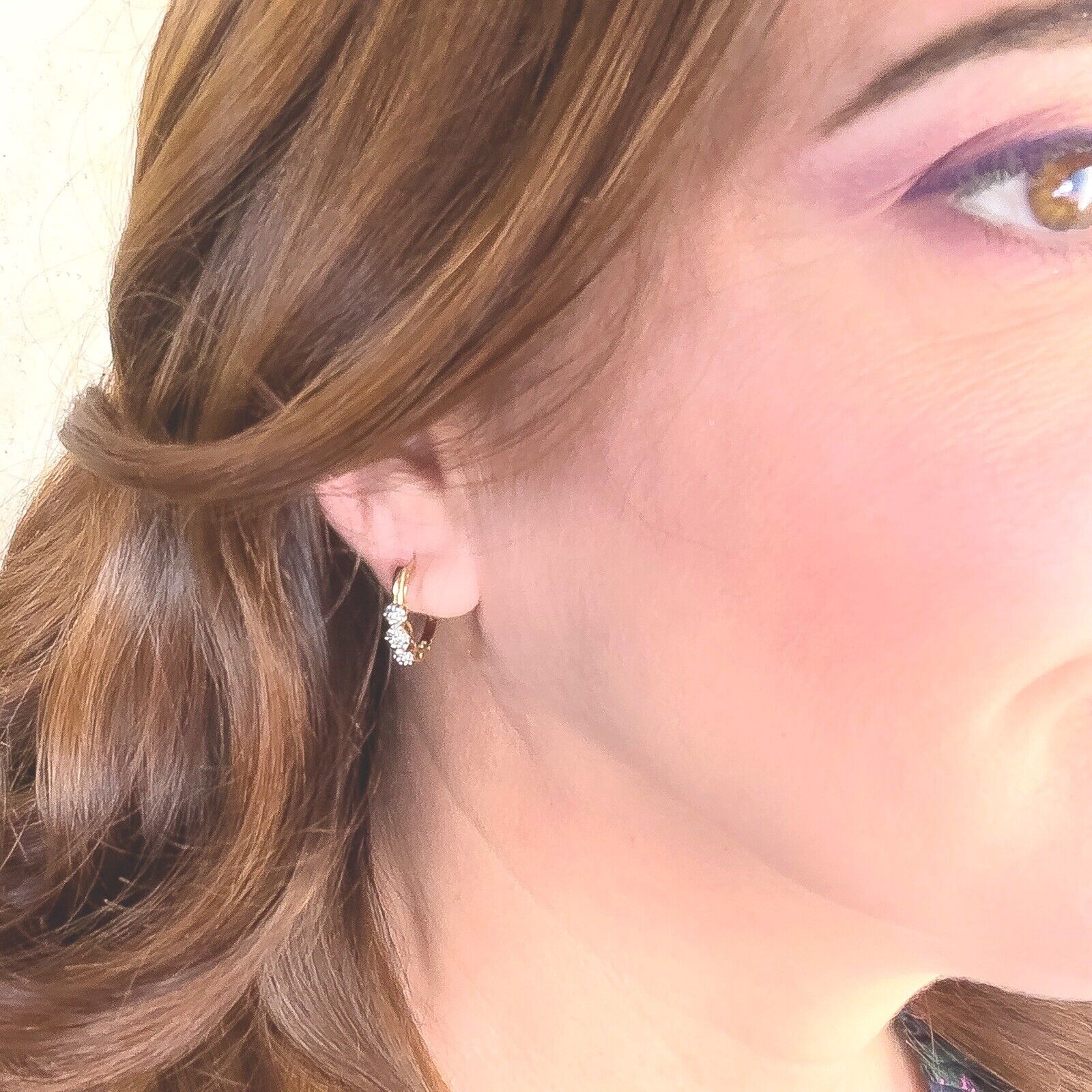 Solid 10k Yellow Gold Diamond Rosette French-Style Leverback Hoop Earrings, New