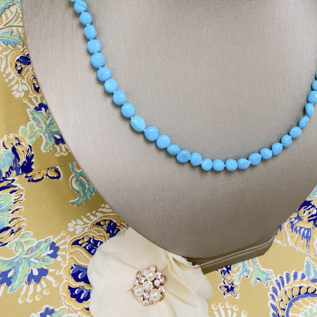 14k Yellow Gold Sleeping Beauty Turquoise Necklace, New, Adjustable 17.5-19.5"