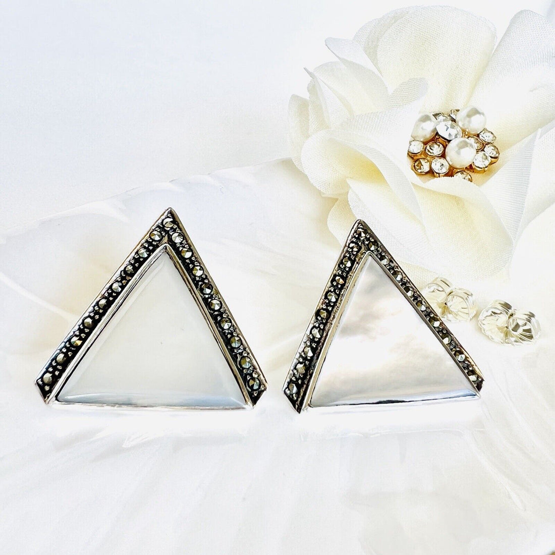 Vintage Sterling Silver Genuine Mother of Pearl & Marcasite Stud Earrings, New