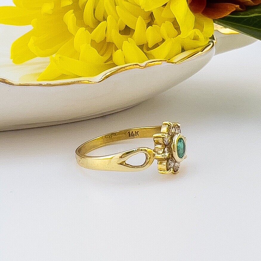 Solid 14k Yellow Gold Genuine Colombian Emerald & Diamond Rosette Ring, New Size