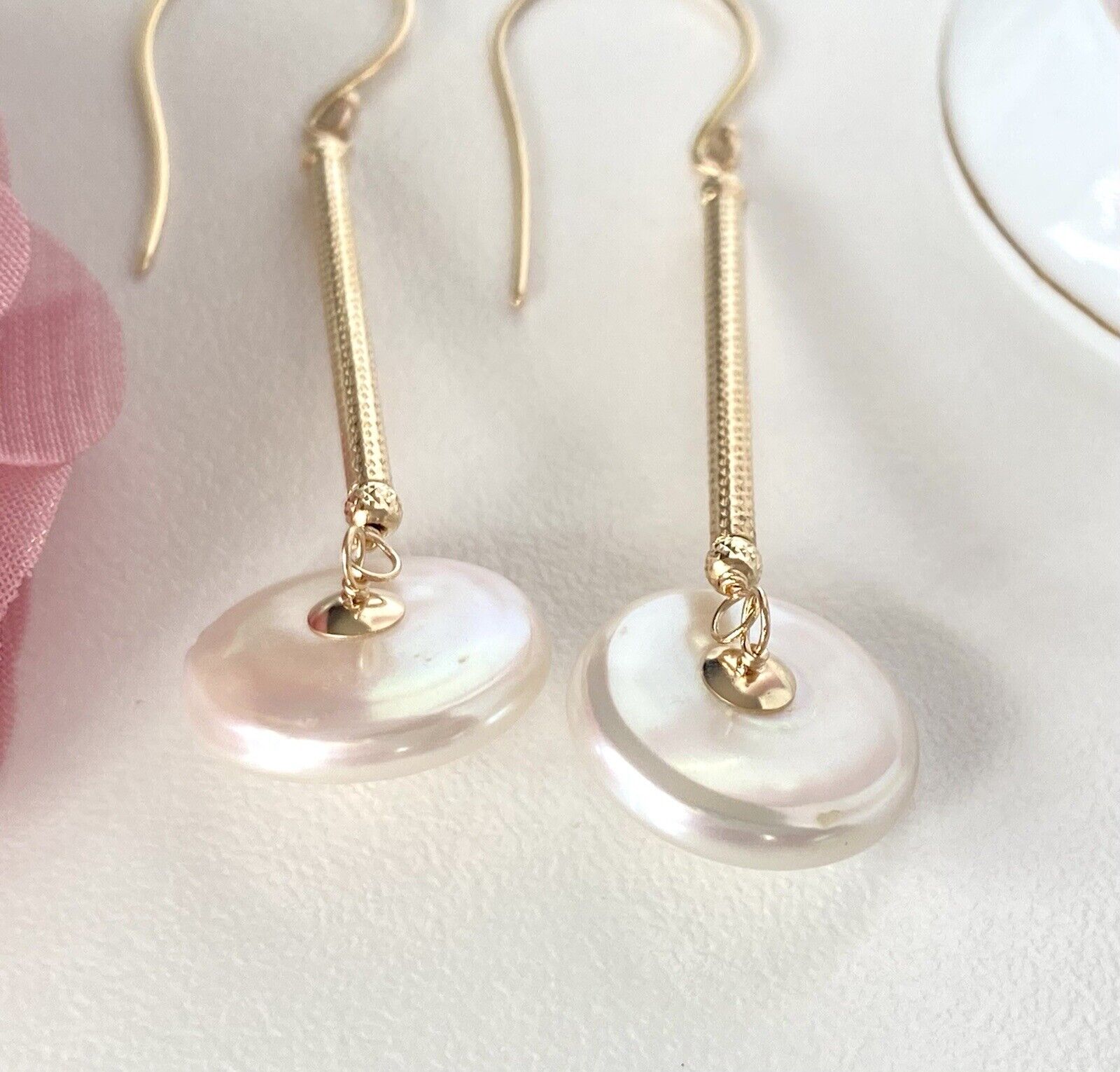 Unique Large Coin Pearl & Solid 14k Yellow Gold Dangle Earrings, New, 2.48"