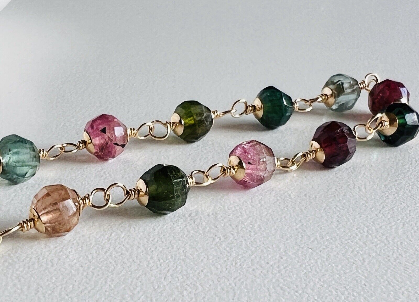 Solid 14k Yellow Gold Genuine Tourmaline Wire-Wrapped Beaded Bracelet, New 7.75”