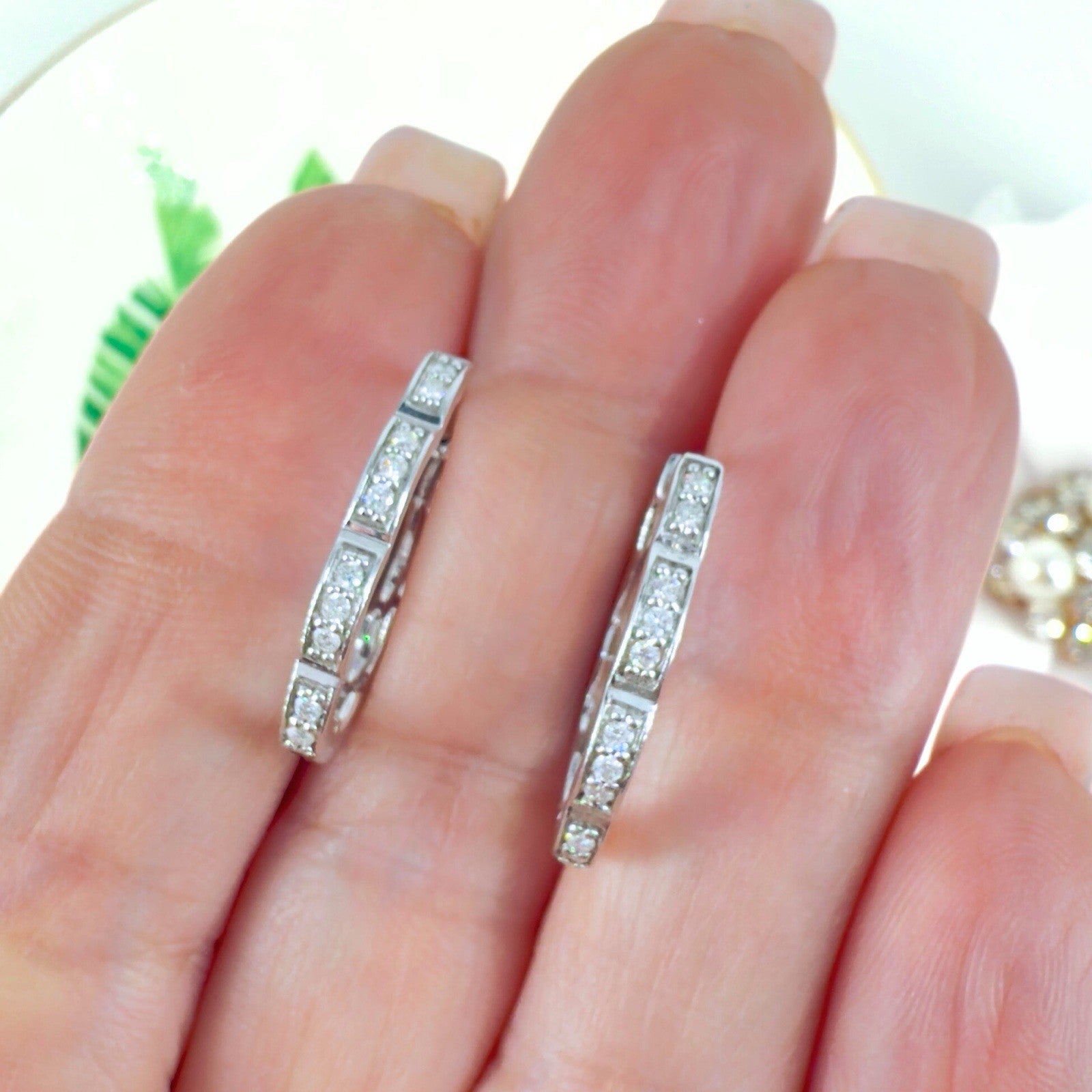 14K White Gold & Genuine Diamond Scalloped Oval Hoop Earrings, New