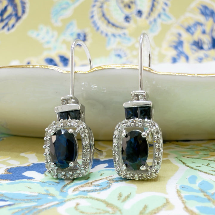 14k White Gold Genuine Sapphire & Diamond Leverback Dangle/Drop Earrings, New 1"