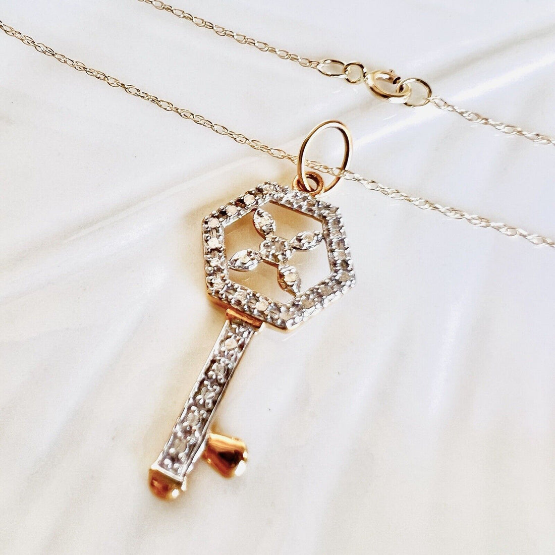 Solid 10k Yellow & White Gold & Diamond Hexagonal Skeleton Key Pendant Necklace,