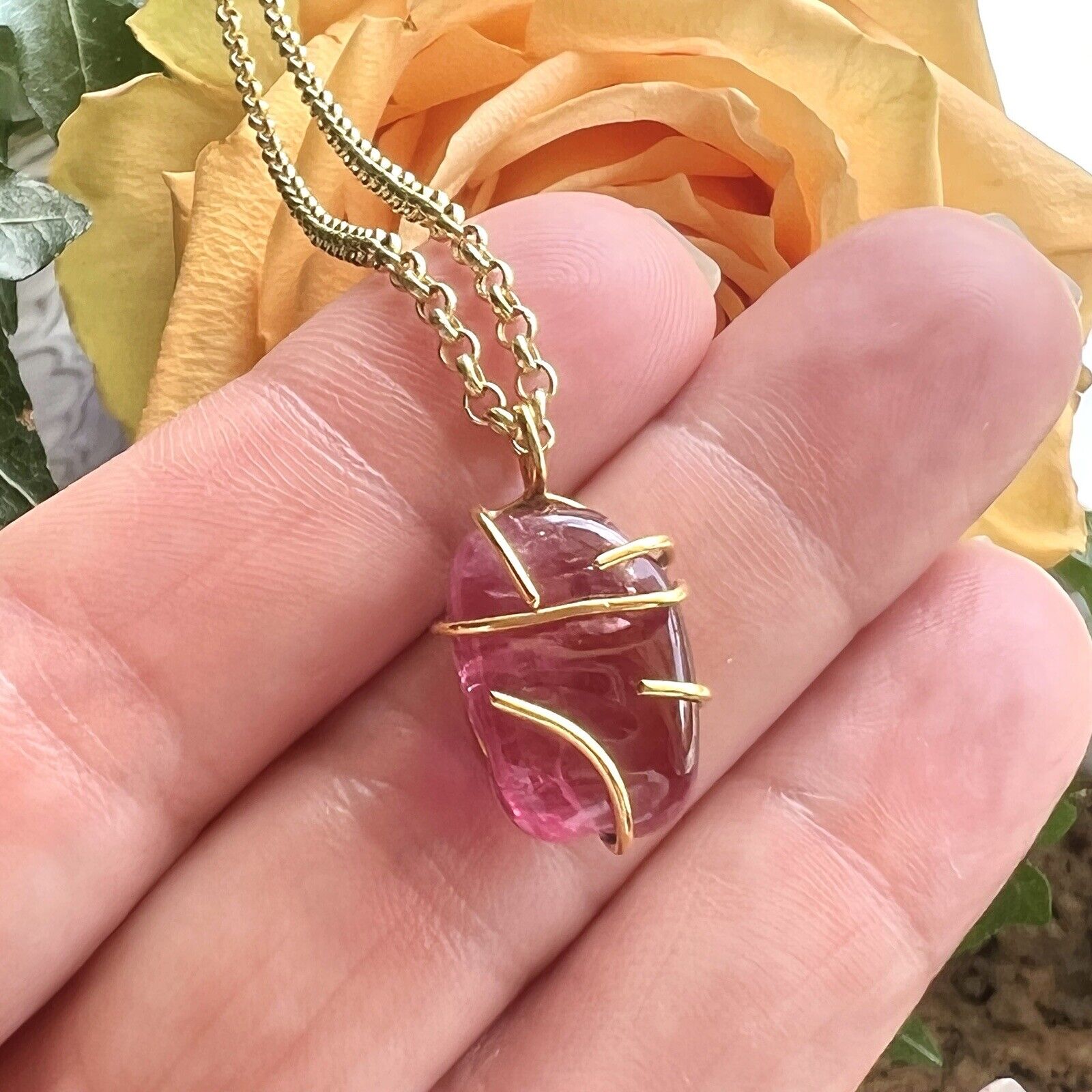 Solid 14k Yellow Gold Natural Smooth Pink Tourmaline (15ct) Nugget Pendant, New